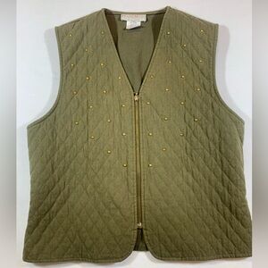 Vintage Megan Moore Quilted Vest Olive Gold Tone Studs Large Tall USA Y2K Cabin
